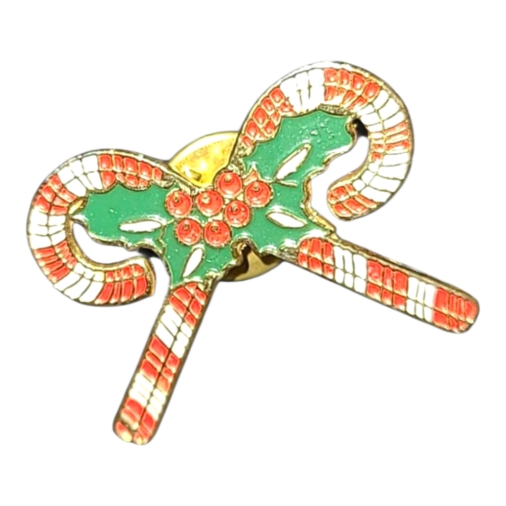 Vintage Candy Cane Lapel Pin Red‎ White Green Holiday Christmas 1 1/4"